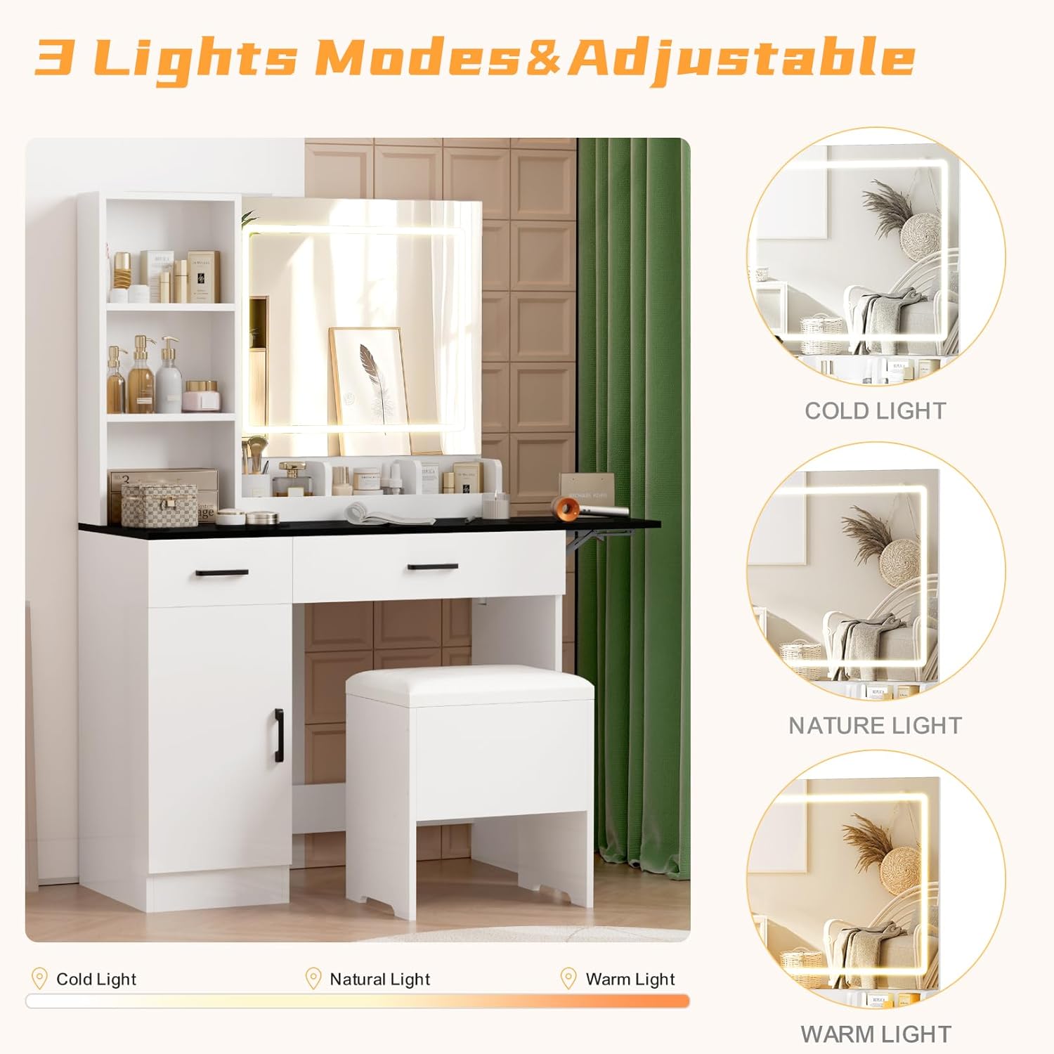 Esmlada Farmhouse Makeup Vanity Desk with Mirror and Lights, Vanity Desk Table Set with Storage Bench, Power Outlet, for Bedroom, Black