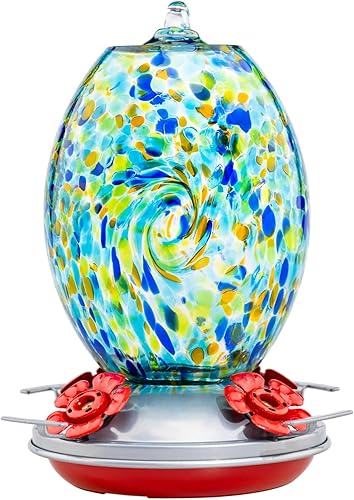 Muse Garden - Comedero de vidrio soplado de 27 onzas para colibríes para exteriores; regalo p/mamá, mujeres, abuelos, decoración de jardín p/colgar;