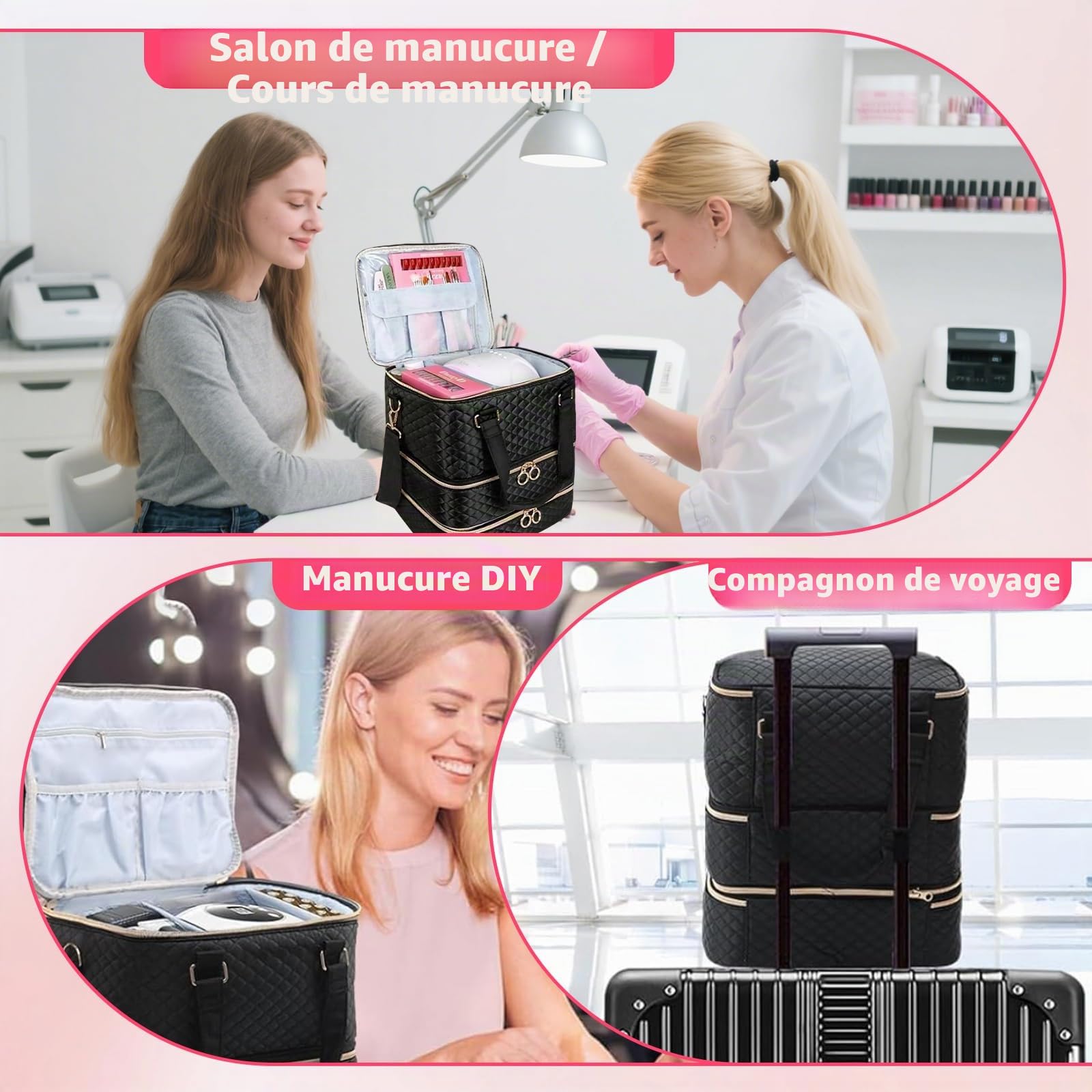 Rangement Vernis a Ongle, Organisateur de Vernis à Ongles à 3 étages pour 84 Flacons de Vernis à Ongles et 1 Lampe LED, Mallette Pratique avec Poignée et Bandoulière pour Accessoires de Manucure