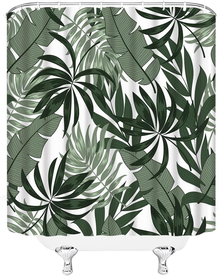 Tropical Leaves Shower Curtain Sage Green White Palm Leaf Banana Leaf Plant Jungle Modern Bathroom Decor with Hooks,(180" Wx70 H)