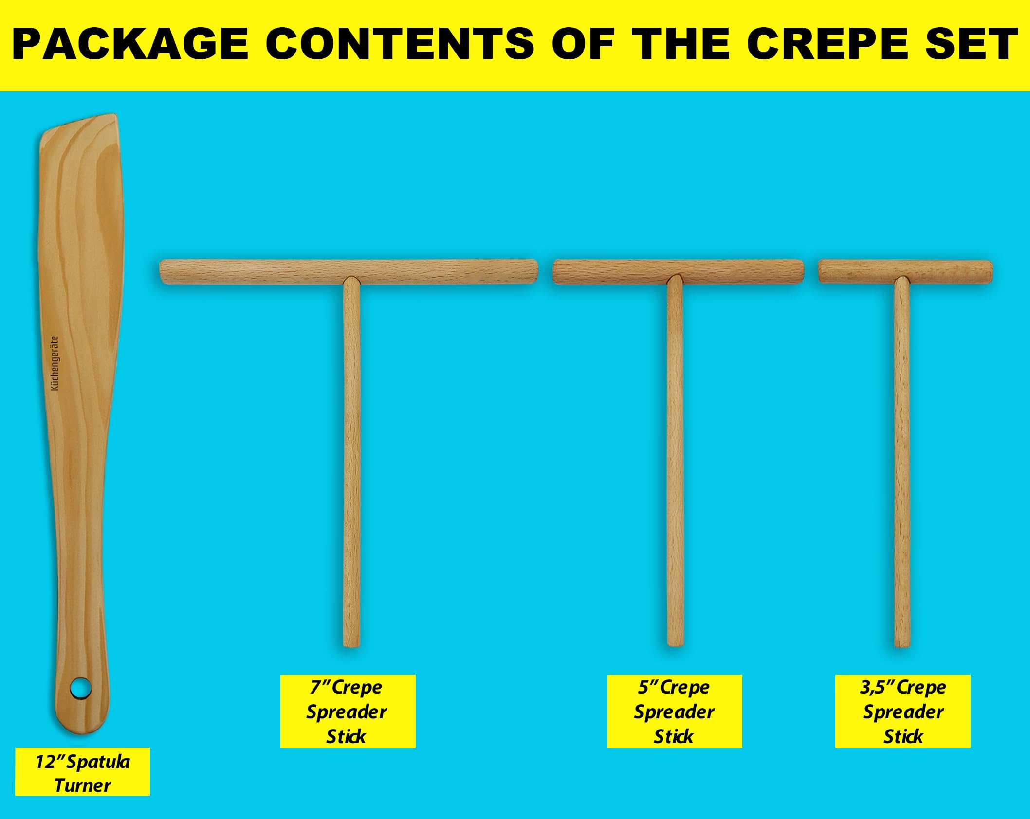 Kuchengerate - Juego de 4 esparcidores de crepé y espátula, 12 pulgadas, espátula de crepé de 3.5, 5, 7 pulgadas, kit de esparcidores de cenizas naturales, para crepería, para adaptarse a sartenes de 3