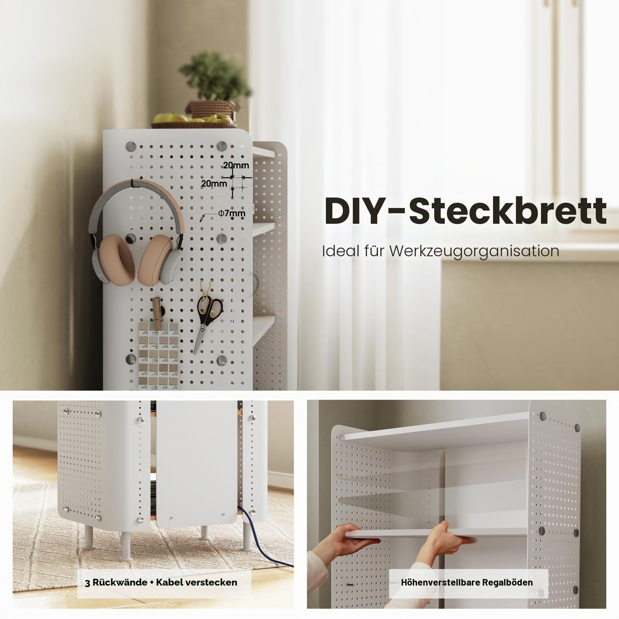 Fenge 4 Etagen Bücherregal Modern Lagerregal mit Pegboard Multifunktionales Lagerschränke mit Verstellbarem Regal für Wohnzimmer, Schlafzimmer, Heim, Büro (Weiß)