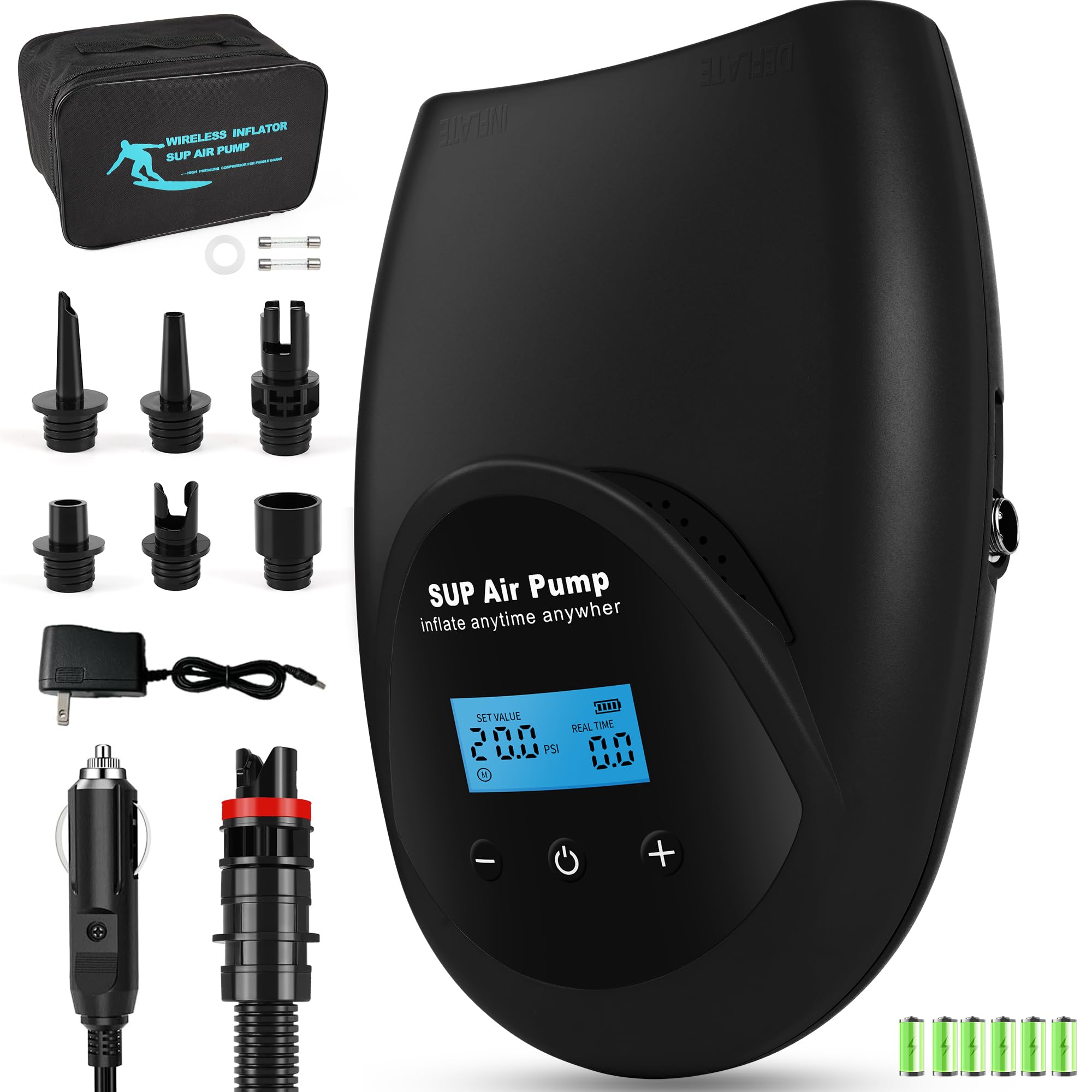 TONSIM Pompa Elettrica SUP Ricaricabile 20 PSI - Gonfiaggio e Sgonfiaggio Veloce, Batteria Integrata, Adattatore 12V per Auto, Ideale per SUP, Kayak e Gommoni