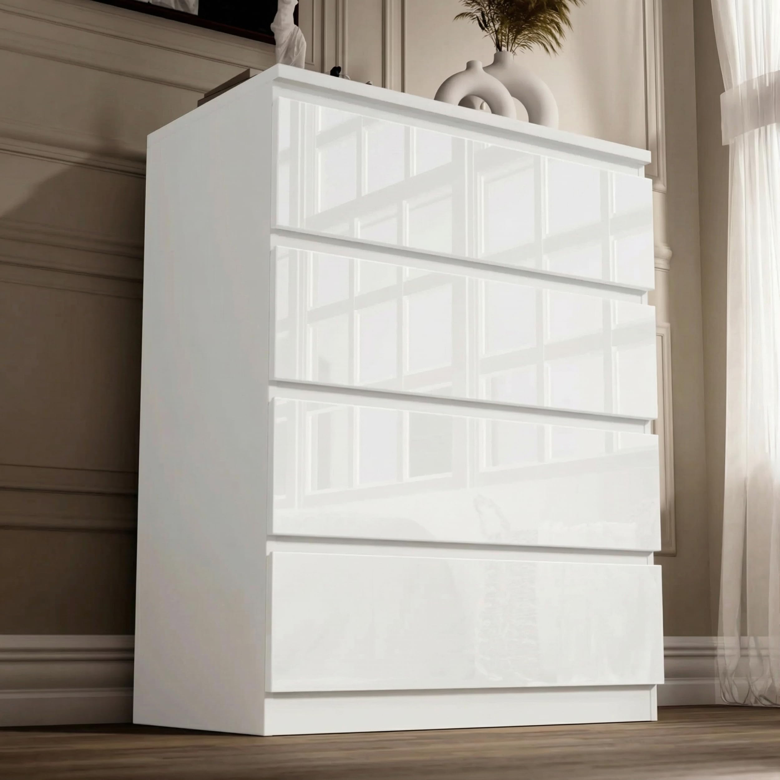 Blisswood White High Gloss Chest of Drawers 4 Drawer Bedroom Furniture Storage Unit with Smooth Metal Runners, Modern Tall Cabinet for Bedroom, Living Room, Office, Hallway 40D x 70W x 95.5H CM White