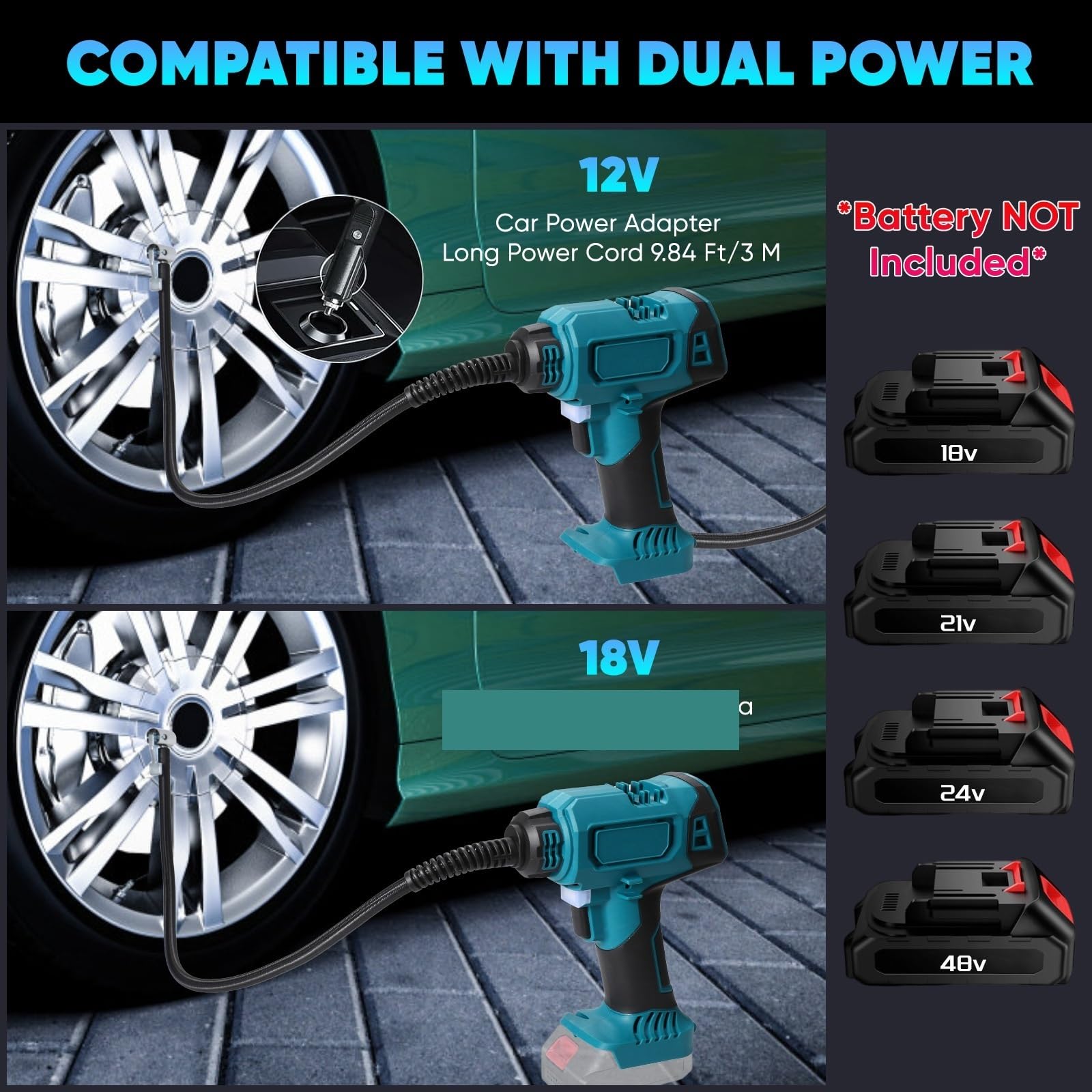 Inflador Ruedas Coche Inflador de neumáticos de Coche portátil inalámbrico, luz LED, batería de 18V, Carga Dual de Coche de 12V para SUV/Motocicleta/Bicicleta Compresores de Aire portátiles