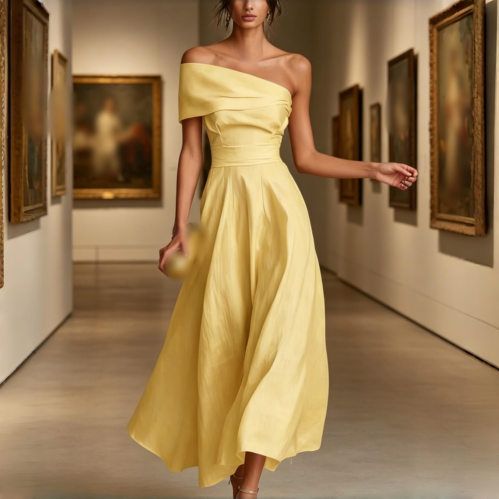 Abito da Donna Giallo in Lino con Scollatura Monospalla e Vita Aderente – Elegante Modello Scollato sulla Schiena a Linea A, Ideale per Cerimonie e Feste