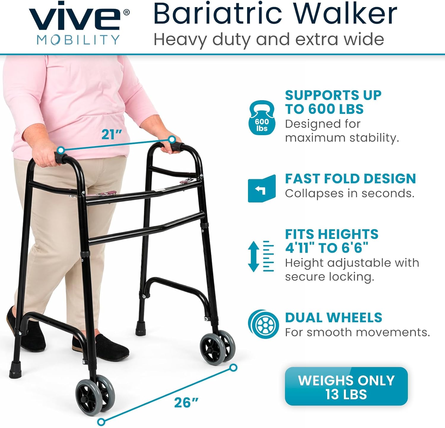 Vive Mobility Bariatric Walker for Seniors - Front 2 Wheel Walker for Men & Women, Heavy Duty - Front Wheeled, Folding, Extra Wide, Rolling - Medical Grade for Heavy People (Black) 600 lb Capacity - Black