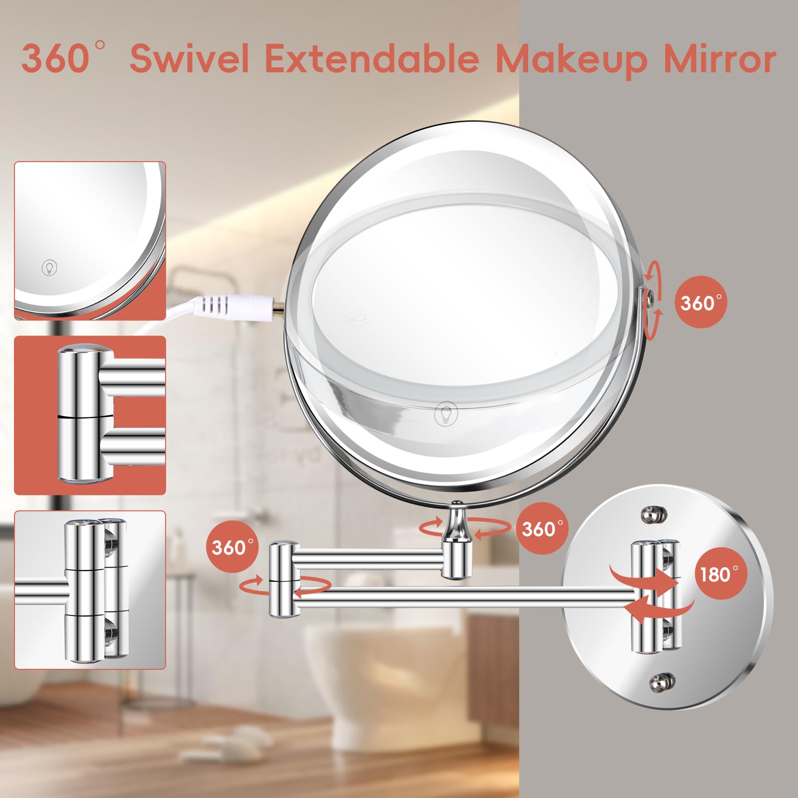 Specchio da trucco da parete da 20,3 cm, specchio cosmetico con ingrandimento 1x/10x, con luci, LED ricaricabile a 3 colori, luminosità regolabile, specchio da bagno con interruttore touch,