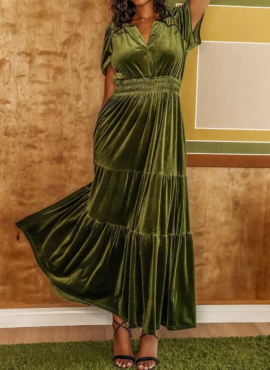 R.Vivimos Women's Fall Winter Vintage Velvet Dress Short Sleeve V Neck Elastic Waist Tiered Ruffle A-Line Flowy Maxi Dress - Image 2