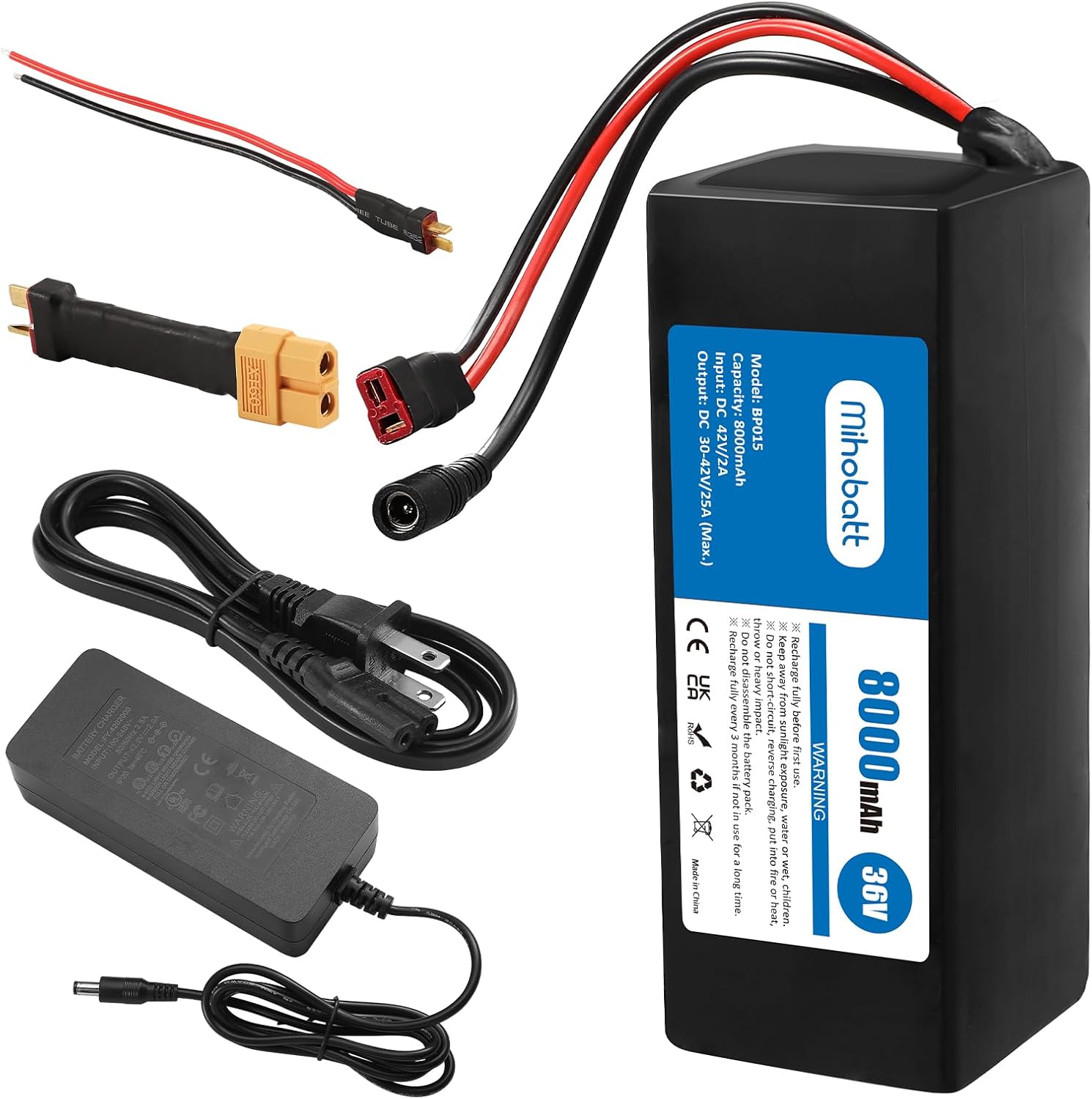 36V 8Ah Rechargeable Power Pack with 42V 2A Adapter, 25A BMS and Waterproof Design for 100-600W Systems