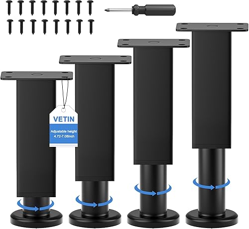 Miniatura 9 de 4 patas ajustables para muebles, de 5.9 a 9.8 pulgadas, metal para gabinete, sofá, cama y mesa, color negro