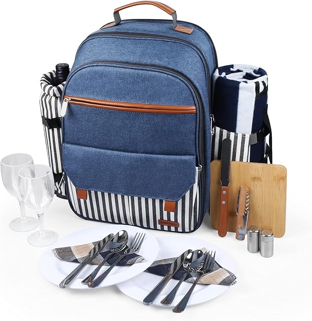 Sunflora Insulated Picnic Backpack for 2 Person Bag with Cooler Compartment, Wine pouch, Blanket and Stainless Steel Cutlery Set for Couple, Lovers and Friends (Blue & Stripe)