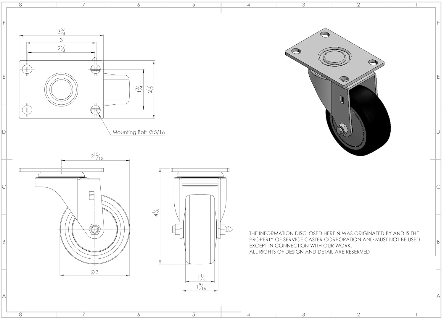 3" Swivel Caster with Black Polyurethane Wheel - 300 lbs Capacity per Caster - Service Caster Brand