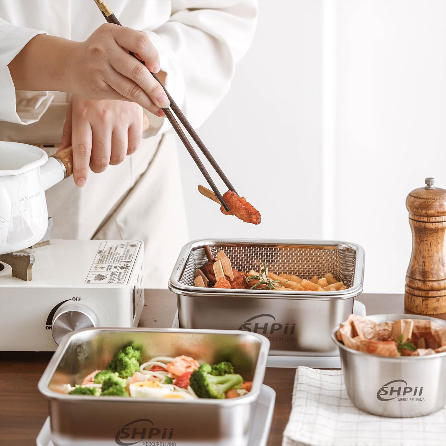 Square Colander Set, 304 Stainless Steel with PE Lid, Storage Container, Tofu Drainer, Back of House Preparation, Washing and Drainage Tools, Refrigerator Storage, Picnic Party (2000ML)