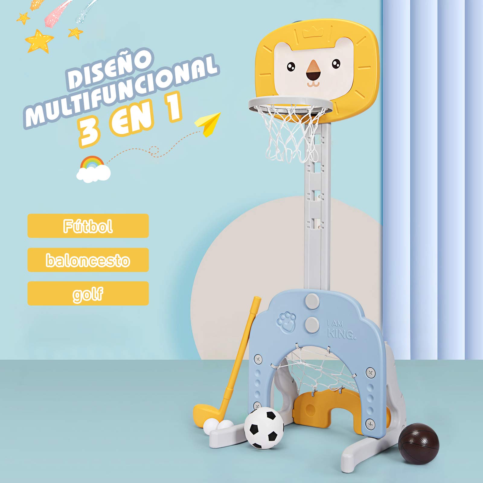 COSTWAY Canasta de Baloncesto para Niño Altura Ajustable con Portería de Fútbol y Golf Juguete para Interior y Exterior (Amarillo y Azul)
