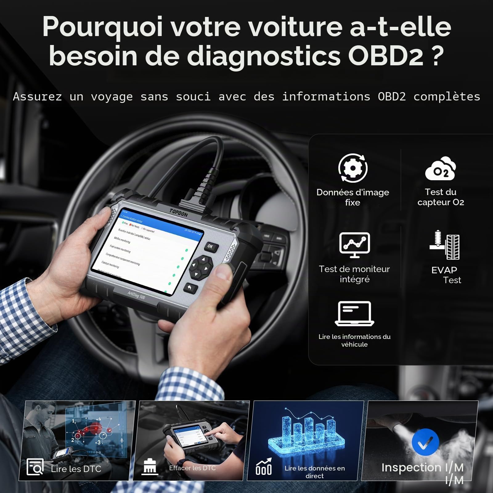 TOPDON AD500 Valise Diagnostic Auto, 4 systèmes Outil de Diagnostic Voiture Multimarque,Moteur Transmission SRS ABS, 6 Réinitialisation de Service, Mise à Jour Gratuite