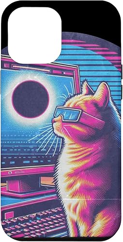iPhone 14 Pro Max Cat Solar Eclipse - Synthwave Retro Poster Style Case