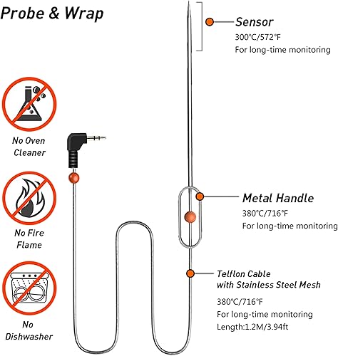 Miniatura 2 de NutriChef - Sonda de temperatura de repuesto para termómetro de parrilla modelo PWIRBBQ9, alta precisión, acero inoxidable