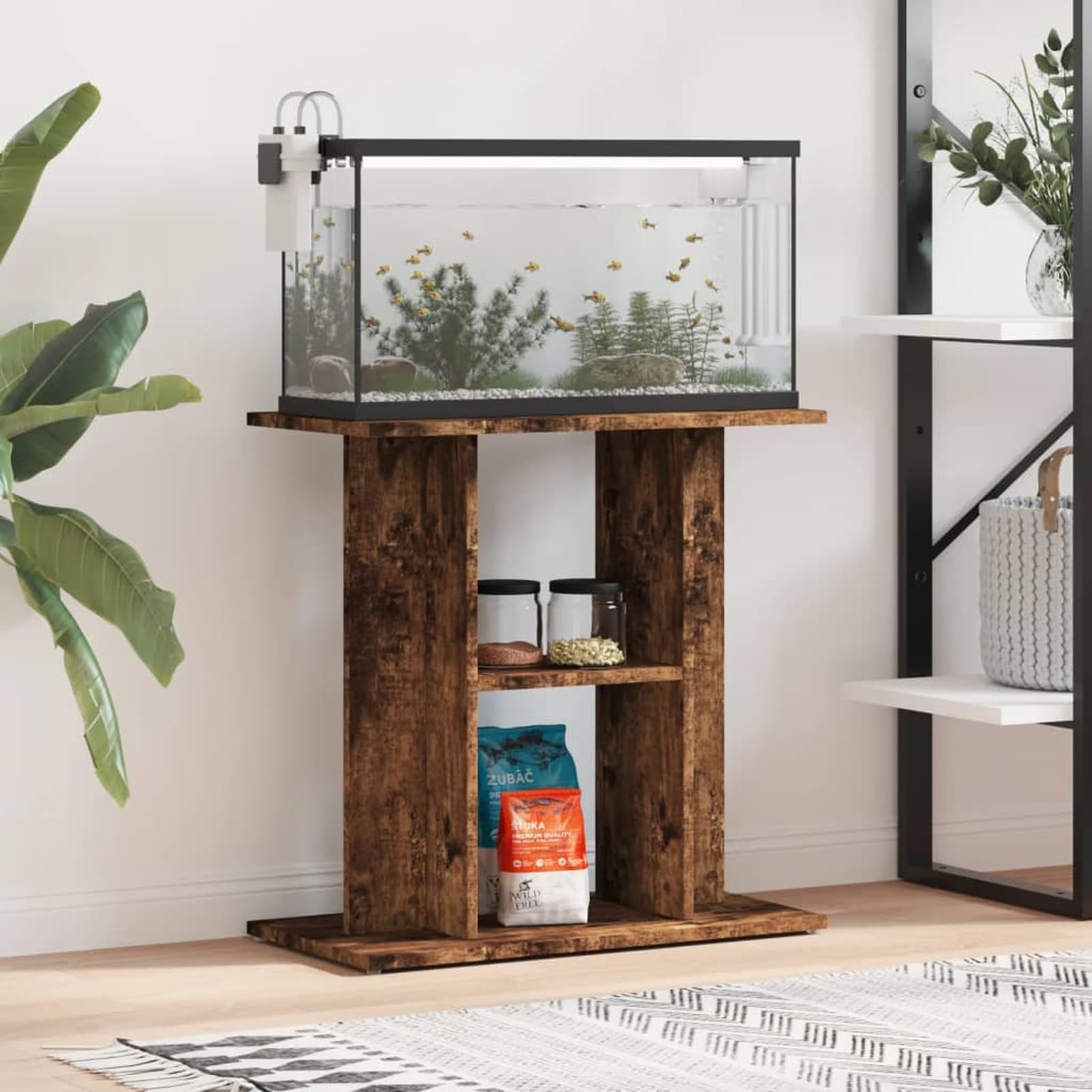 Homgoday Soporte para Acuarios Roble Ahumado - Estable y con 3 Niveles de Almacenamiento, Diseño Elegante y Resistente a la Humedad