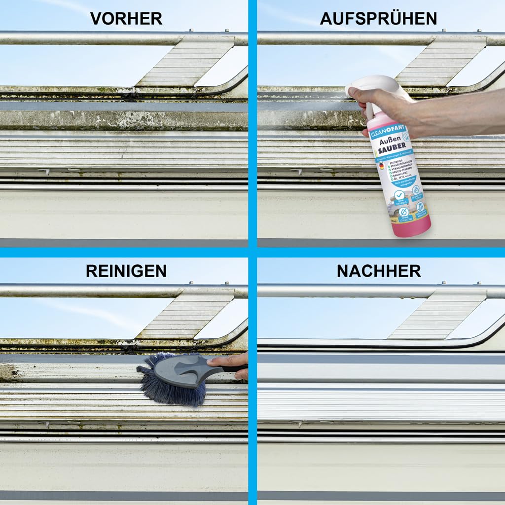 CLEANOFANT Außen-SAUBER | 500 ml + 2,3 Liter | Profi Wohnwagen- & Wohnmobilreiniger - Entfernt mühelos Schwarze Regenstreifen, Insekten & Baumharz - Biologisch abbaubar & Materialschonend