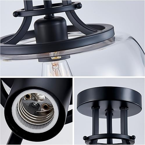 Miniatura 5 de WUZUPS Lámpara de araña rústica de granja industrial redonda semiempotrada de techo con luces LED y pantallas de vidrio transparente para baño,