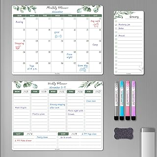 Magnetic Calendar Whiteboard for Refrigerator, Dry Erase Fridge Calendar Set - Greenery Magnetic Monthly & Weekly Calendar with List White Board, 4 Markers + Eraser