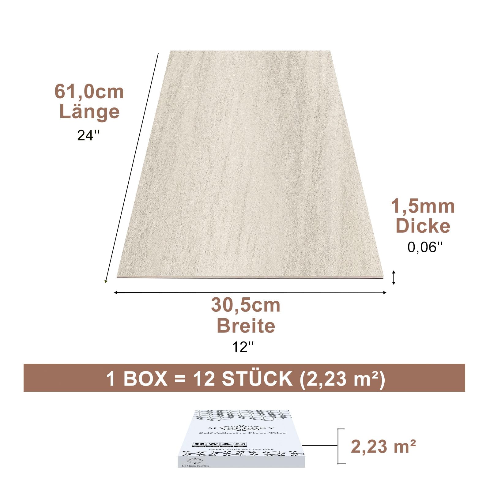 Mysflosy PVC Bodenbelag, Vinylboden selbstklebend wasserdicht, 61.0CM x 30.5CM DIY selbstklebende Fliesen für Küche, Badezimmer und Schlafzimmer, 12 Stück, Abdeckung 2,23 m²