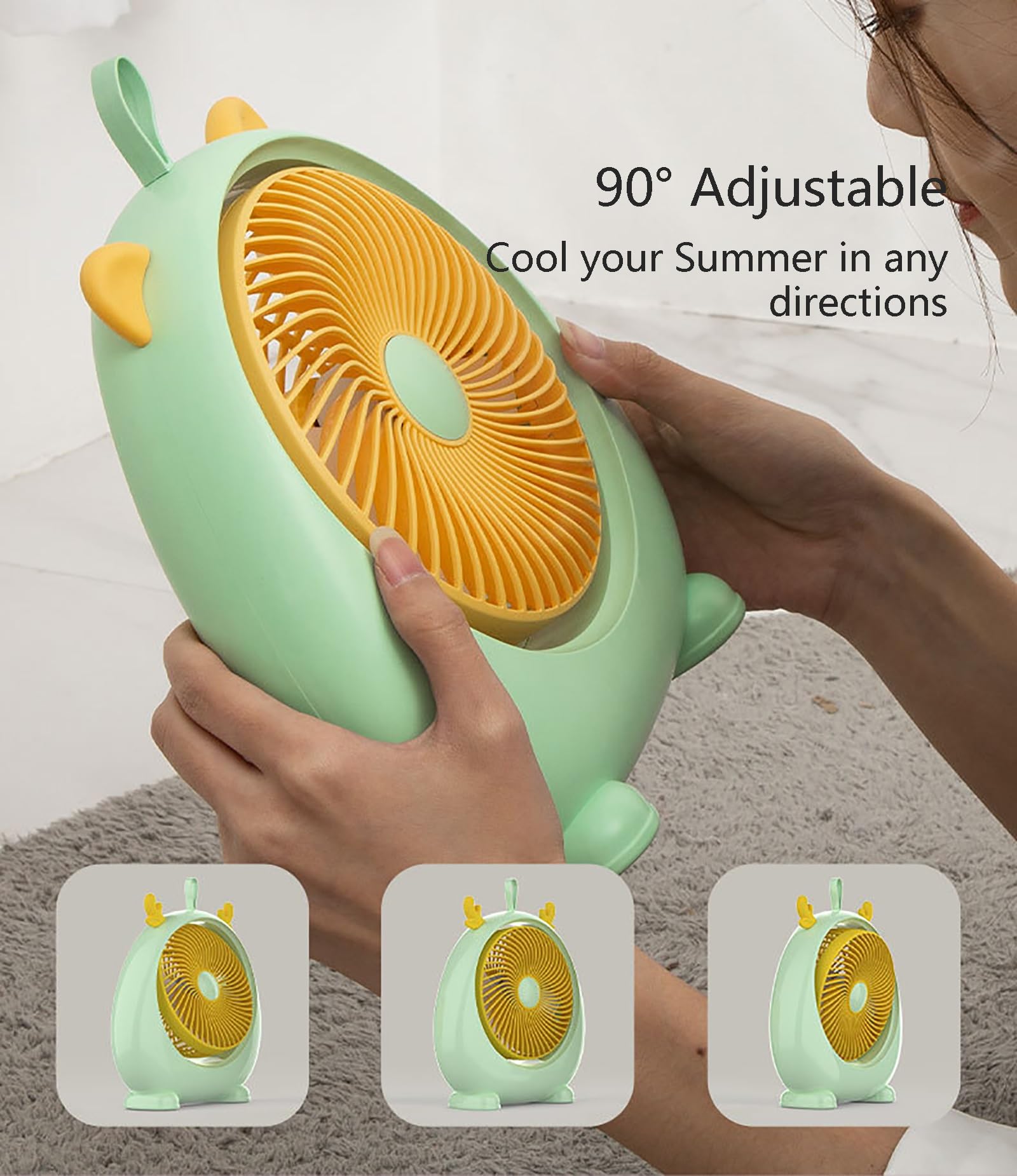 Ventilatore da tavolo portatile e ricaricabile, ultra silenzioso, a 3 velocità, con inclinazione regolabile di 90° e manico robusto, perfetto per camera da letto e ufficio domestico (rosa)