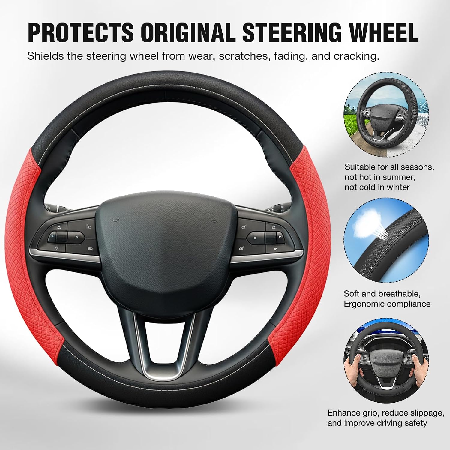 Nappa Leather Car Steering Wheel Cover - Full Circular Design with Anti-Slip Lining, 38CM Size, Universal Fit for 14.5-15 Inch (37-39cm) Steering Wheels（Black with Red）