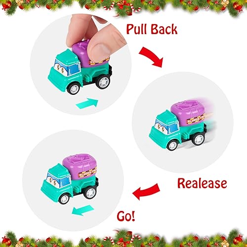 Miniatura 6 de Paquete de 24 juguetes para tirar hacia atrás, mini vehículos de construcción de plástico y auto de carreras, calendario de Adviento de Navidad,