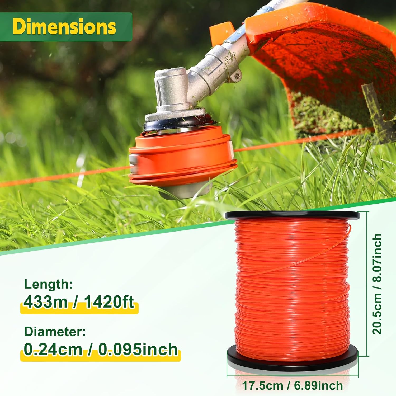 UCINNOVATE 5 Pound by 1420ft Weed Wacker String, 2.4 mm / 0.095 Inch Trimmer Line in Spool, Round 095 Trimmer Line Heavy Duty, 5Lb Round Weedeater Line for String Trimmer, Mower (Orange)