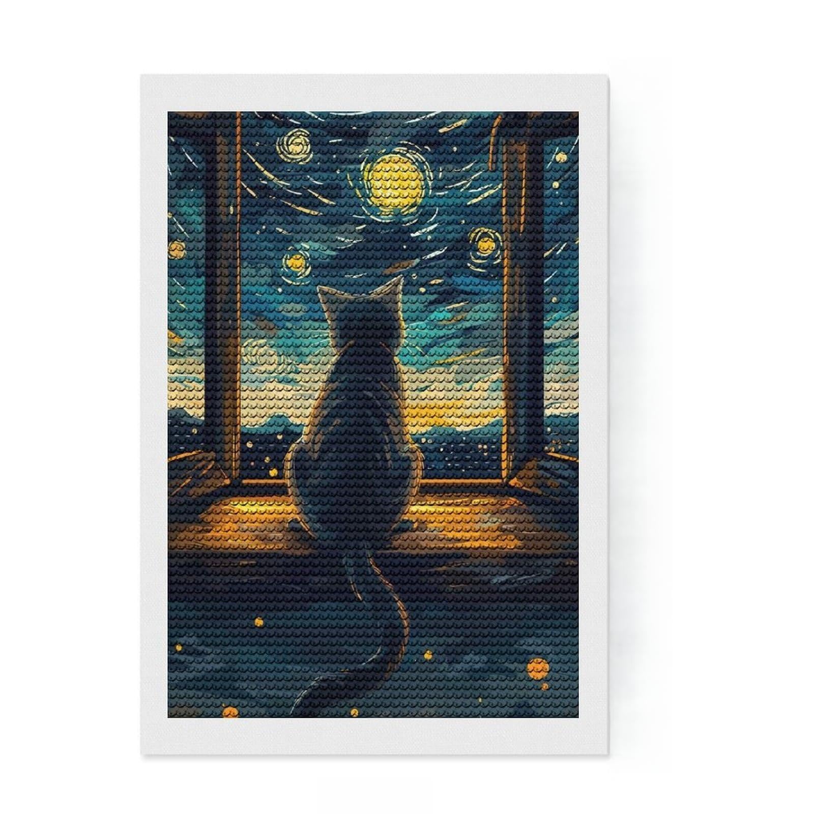 Junmoney Cat Gazing at Starry Night Diamond Painting Set 8"x12", Festive Home Decor, with Tool Kit, Gift Idea, Thoughtful Present, Creative Hobby