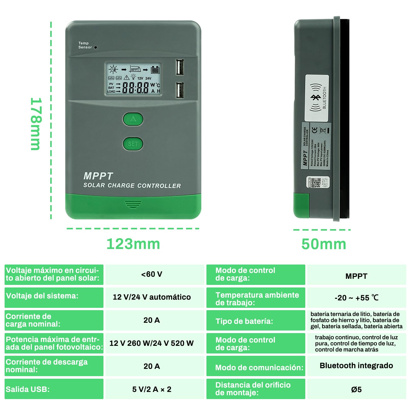 DEWIN MPPT Laderegler 12V Bluetooth, MPPT Solarladeregler 12V/24V Automatische Identifikation LCD-Display MPPT Solar Laderegler mit Bluetooth 20A