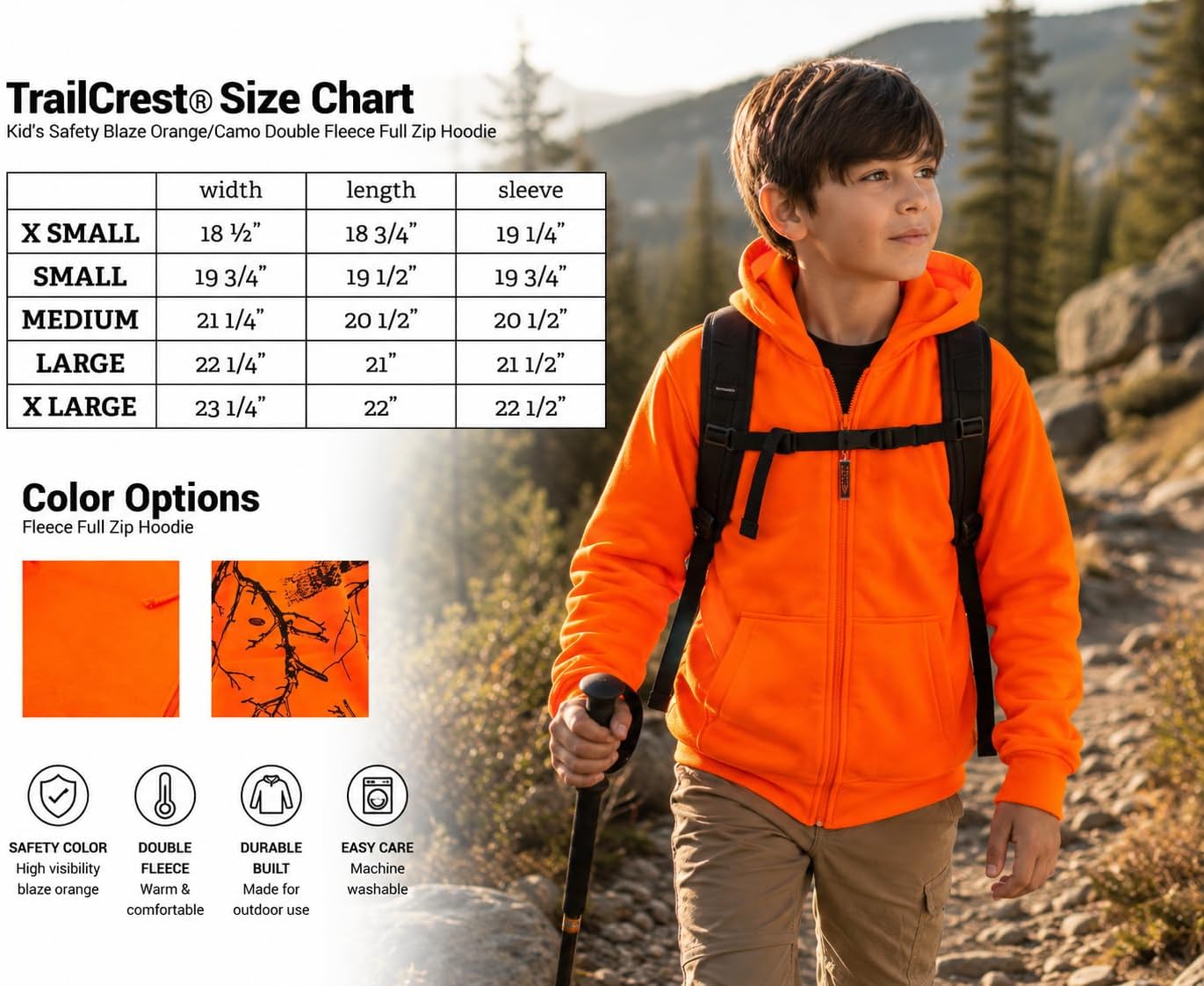TrailCrest Kid's Blaze Orange/Camo Double Fleece Full Zip Hoodie Jacket