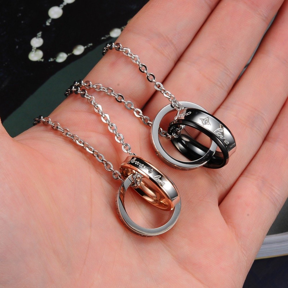 Kim Johanson Edelstahl Pärchen Schmuckset Armbänder & Ketten "Feelings" für verliebte Roségold & Schwarz mit Cubic Zirkonia inkl. Schmuckbeutel