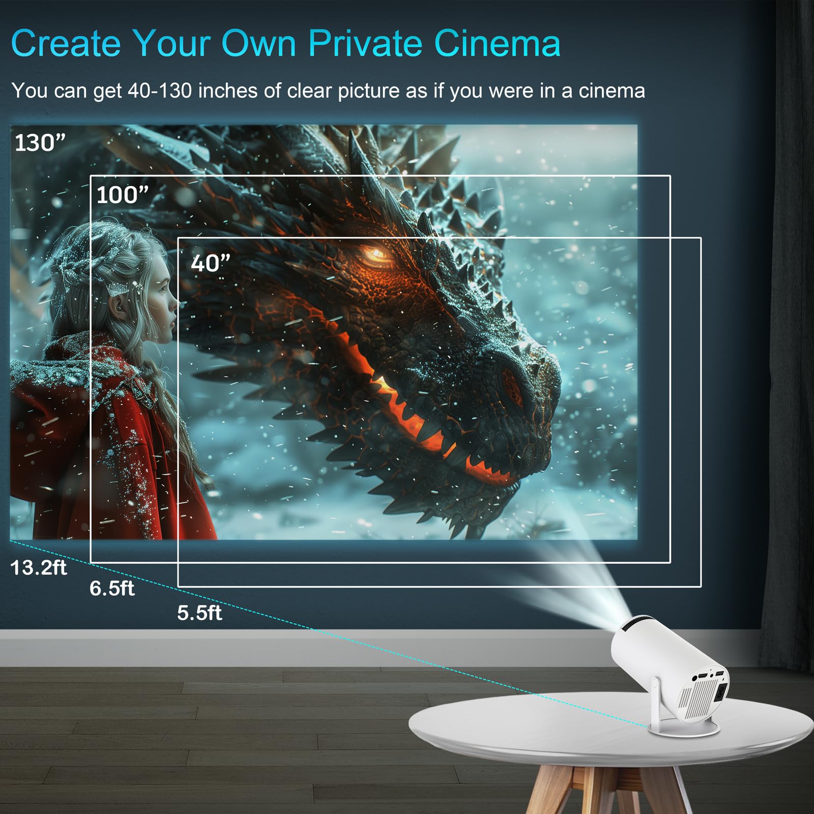 Mini Proiettore WiFi e Bluetooth, Proiettore portatile 4K 1080P, Correzione trapezoidale automatica, 200 ANSI-Lumen, 40"-130'' Schermo Proiettore Smart-Proiettore con Android 11.0