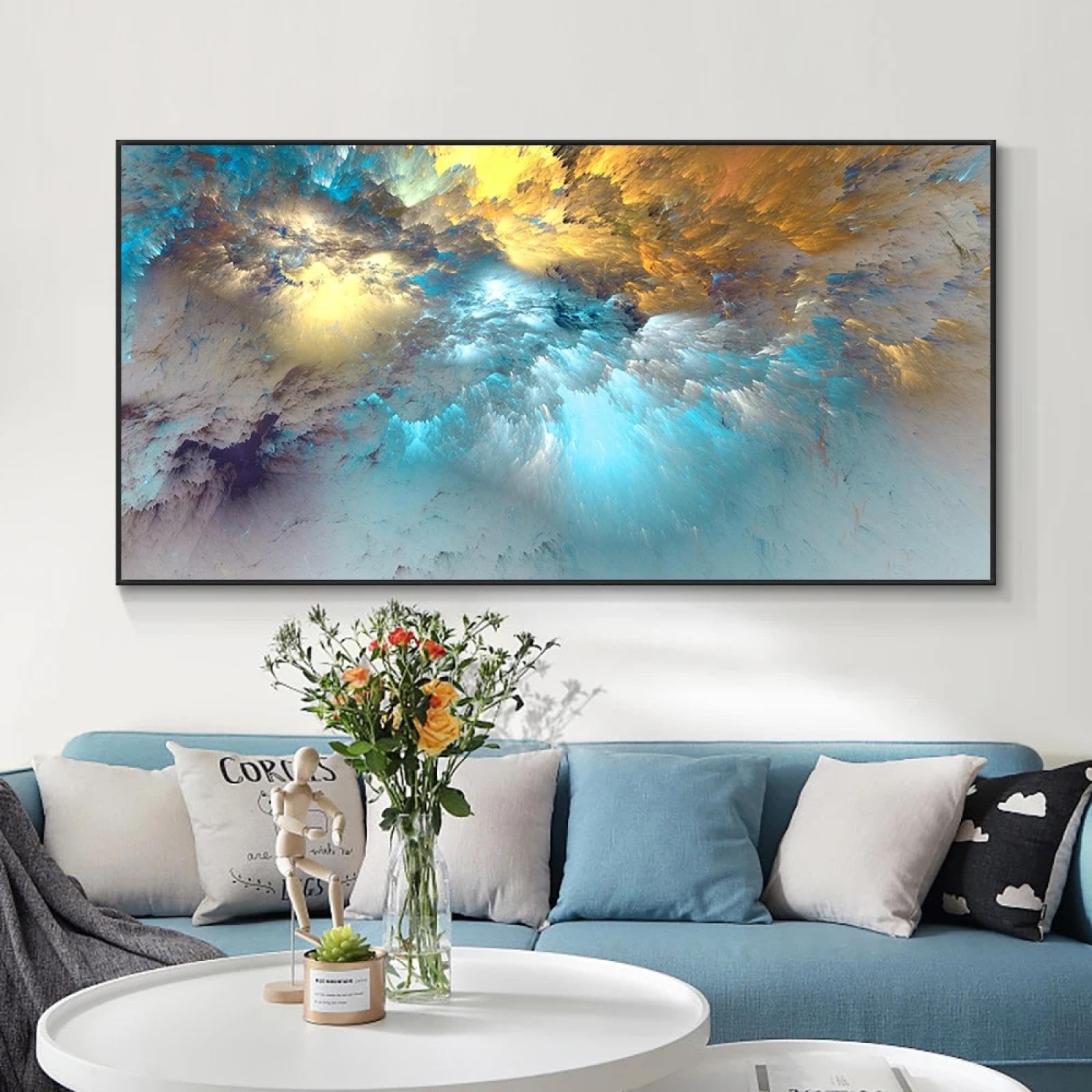 Nuage bleu doré peintures d'art abstrait affiches et impressions toile art moderne tableau mural indépendant pour la décoration de salon 70x140 cm (28x55 pouces) avec cadre
