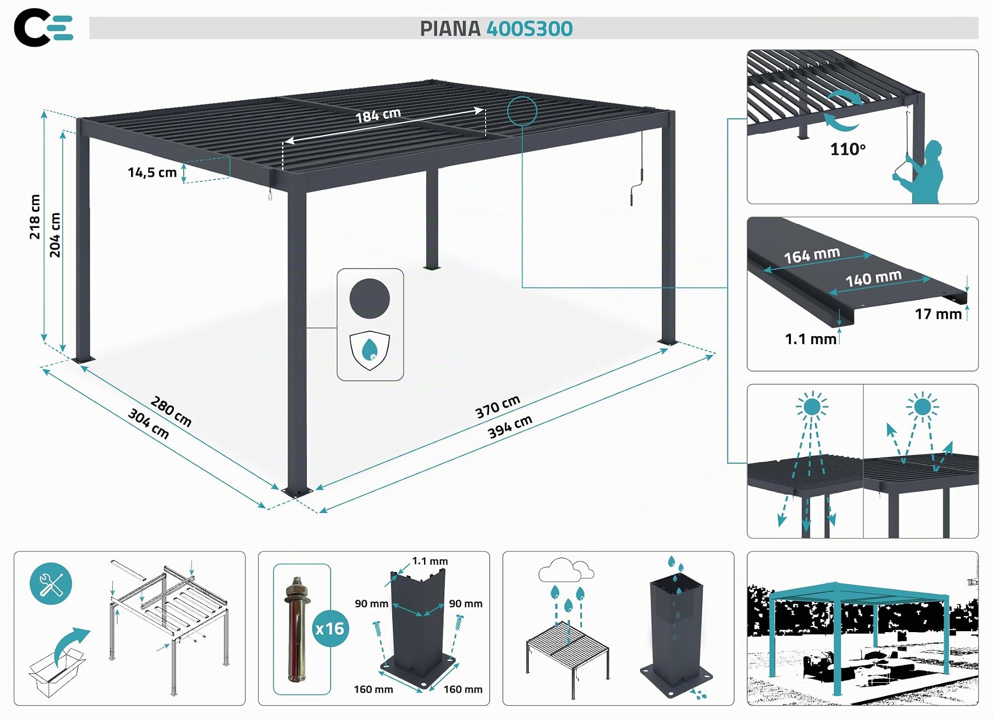 Cazeboo Pergola bioclimatique 4x3m autoportée Piana Aluminium Gris avec Stores rétractables côté 3m