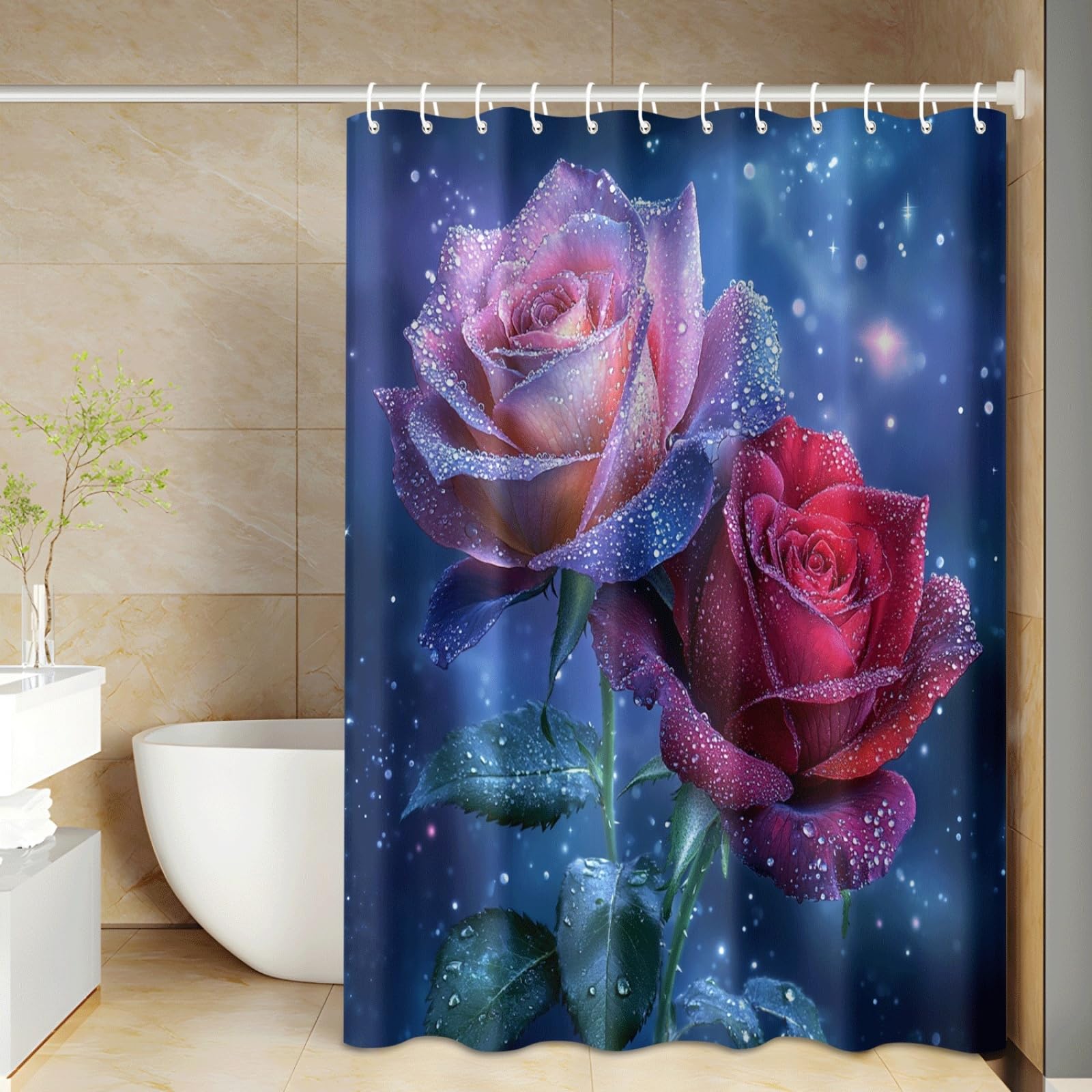 Tenda Doccia Fiore Blu Rosa Tenda Doccia Antimuffa Impermeabile Poliestere Lavabile con 12 Ganci Facile da Installare Tende Finestra Bagno per Dormitorio Hotel(180x220cm)