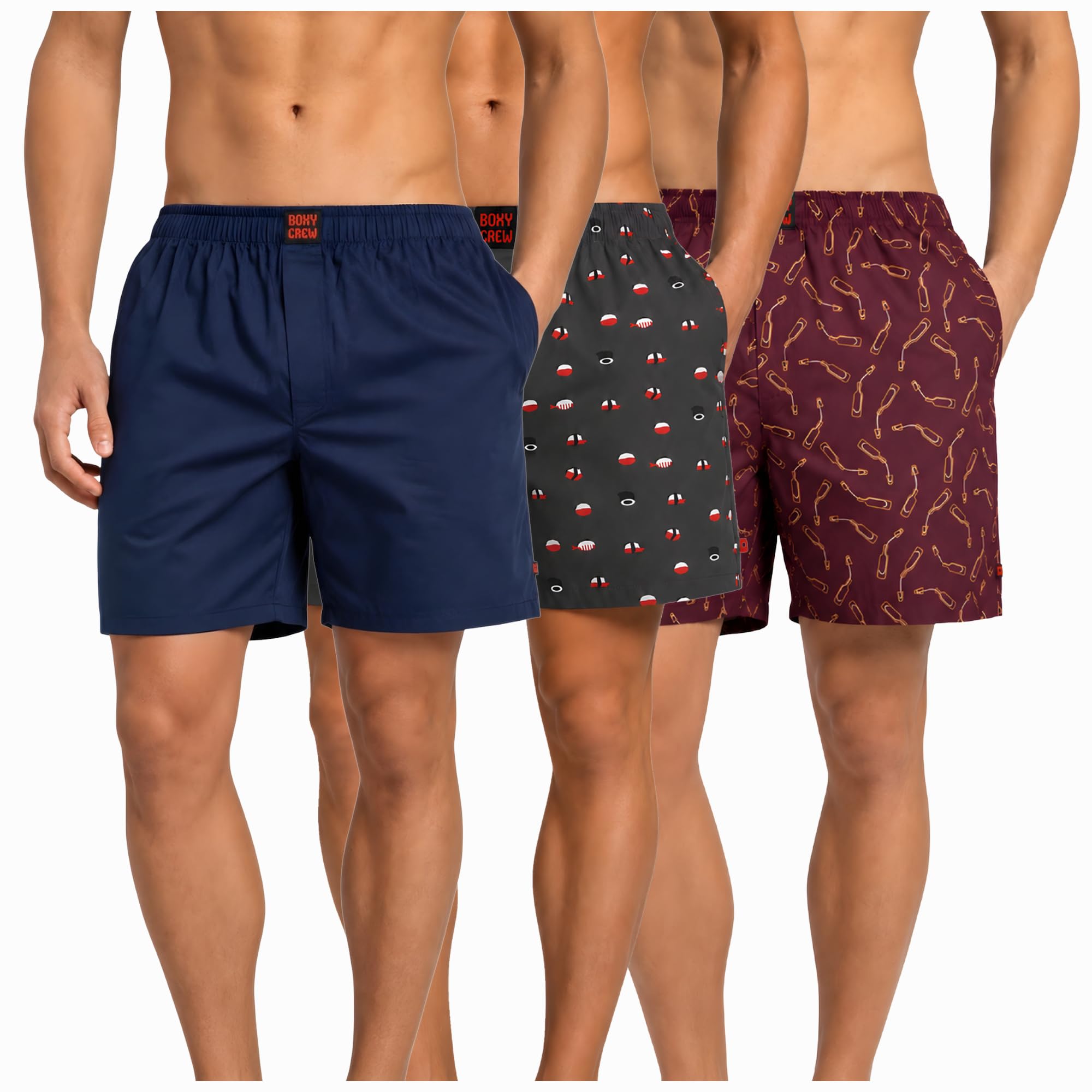 Men's 100% Cotton Boxer Shorts Pack of 3, Navy Blue, Charcoal & Maroon | Woven Boxers with Side Pockets, No-Marks Elastic Waistband, Breathable Relaxed Fit | Style 002-012-014-image-35