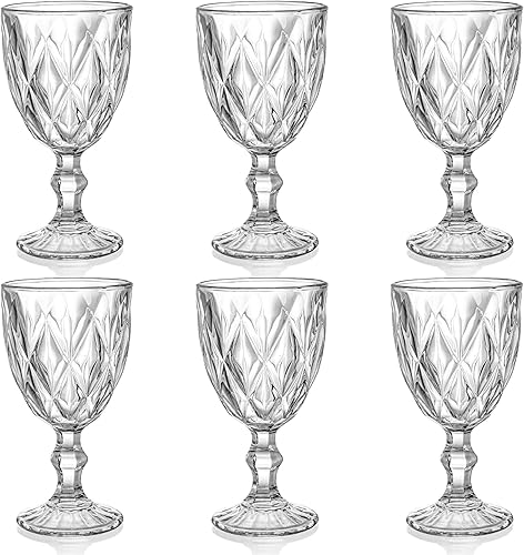 SOUJOY Paquete de 6 vasos de copa de vidrio vintage en relieve de 10 onzas, copas de vino con tallo de bebida para refrescos, jugo en bares,