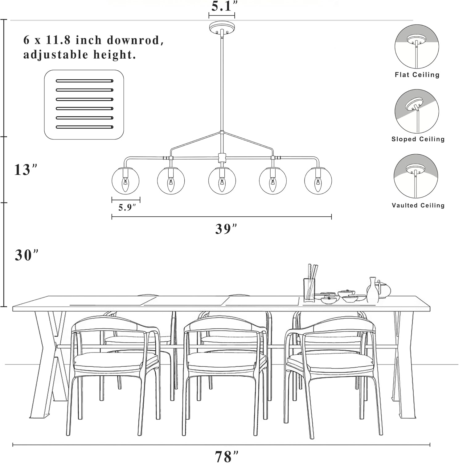 Modern Linear Chandelier Gold 5 Light Dining Room Linear Chandelier with Seeded Glass Globe 39 Inch Kitchen Island Pendant Light Electroplated Copper Finish for Farmhouse Living Room