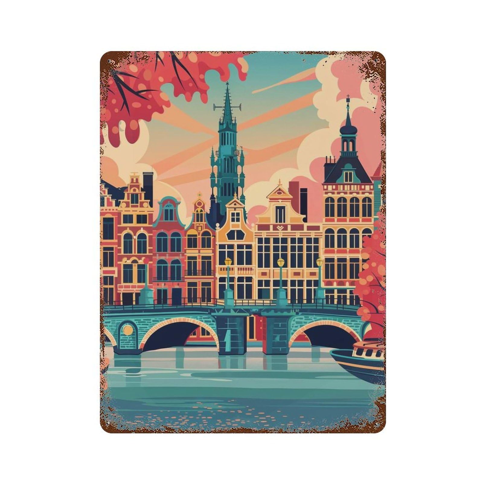 Rust Effect Bruxelles Cityscape Weathered Tin Sign 15.7"x11.8", Shabby Chic Decor for Cafe, Home Bar And Lounge Decor