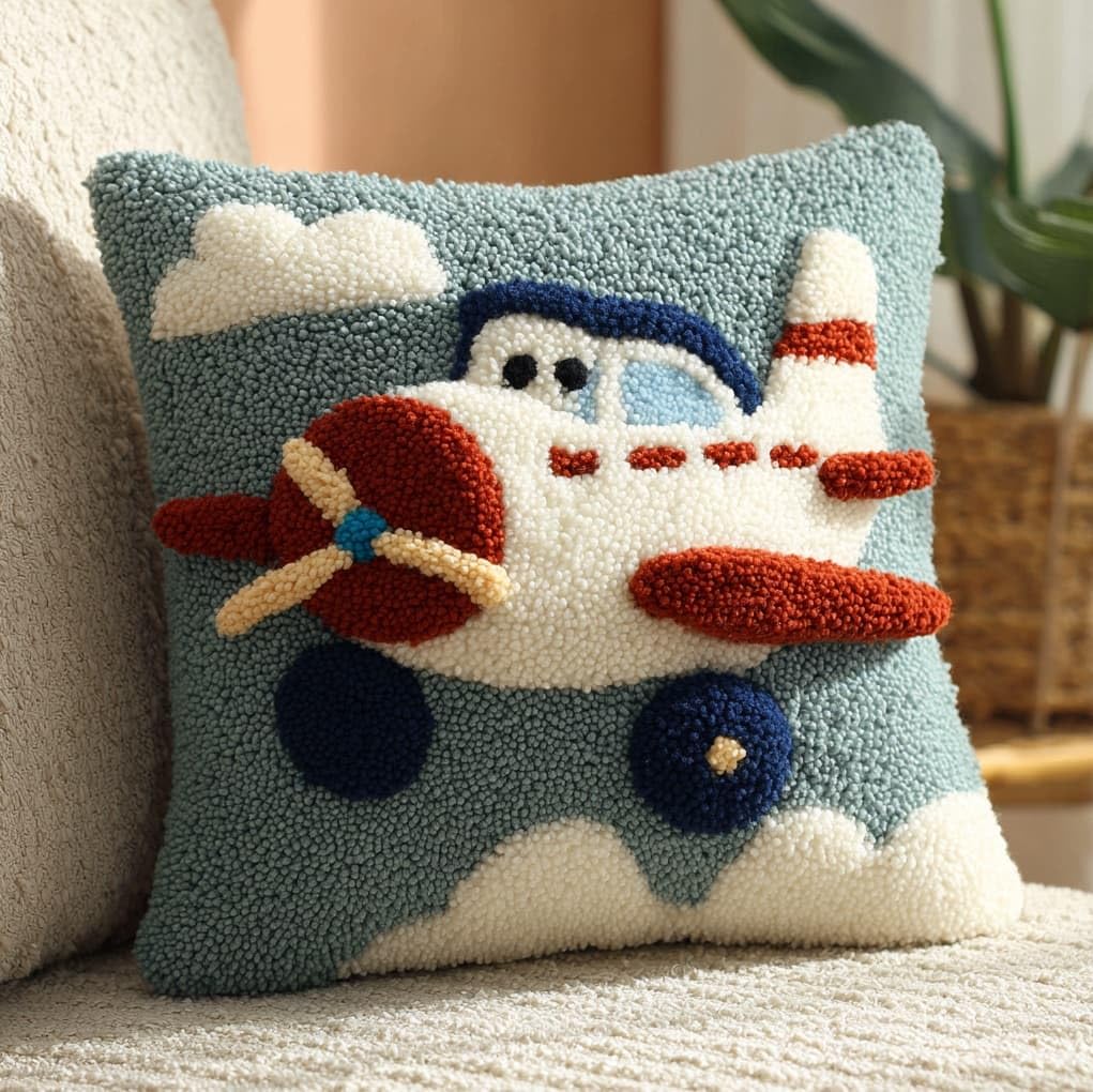 Wallustrioaw Simple Cartoon Airplane Latch Hook Pillowcase Kits 17X17in,