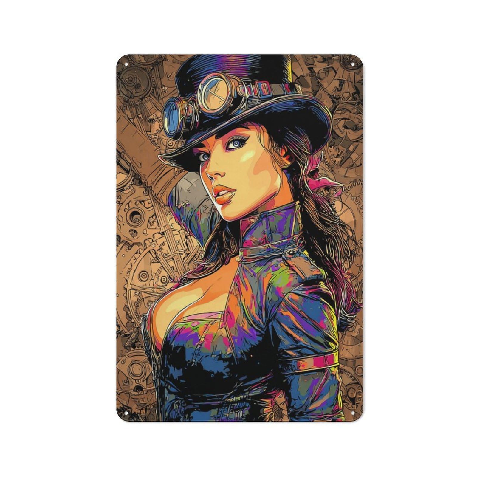 Steampunk Fashion Illustration Cottage Metal Wall Decor 30x20cm, Shed Metal Sign for Conservatory, Home Bar Or Utility Room