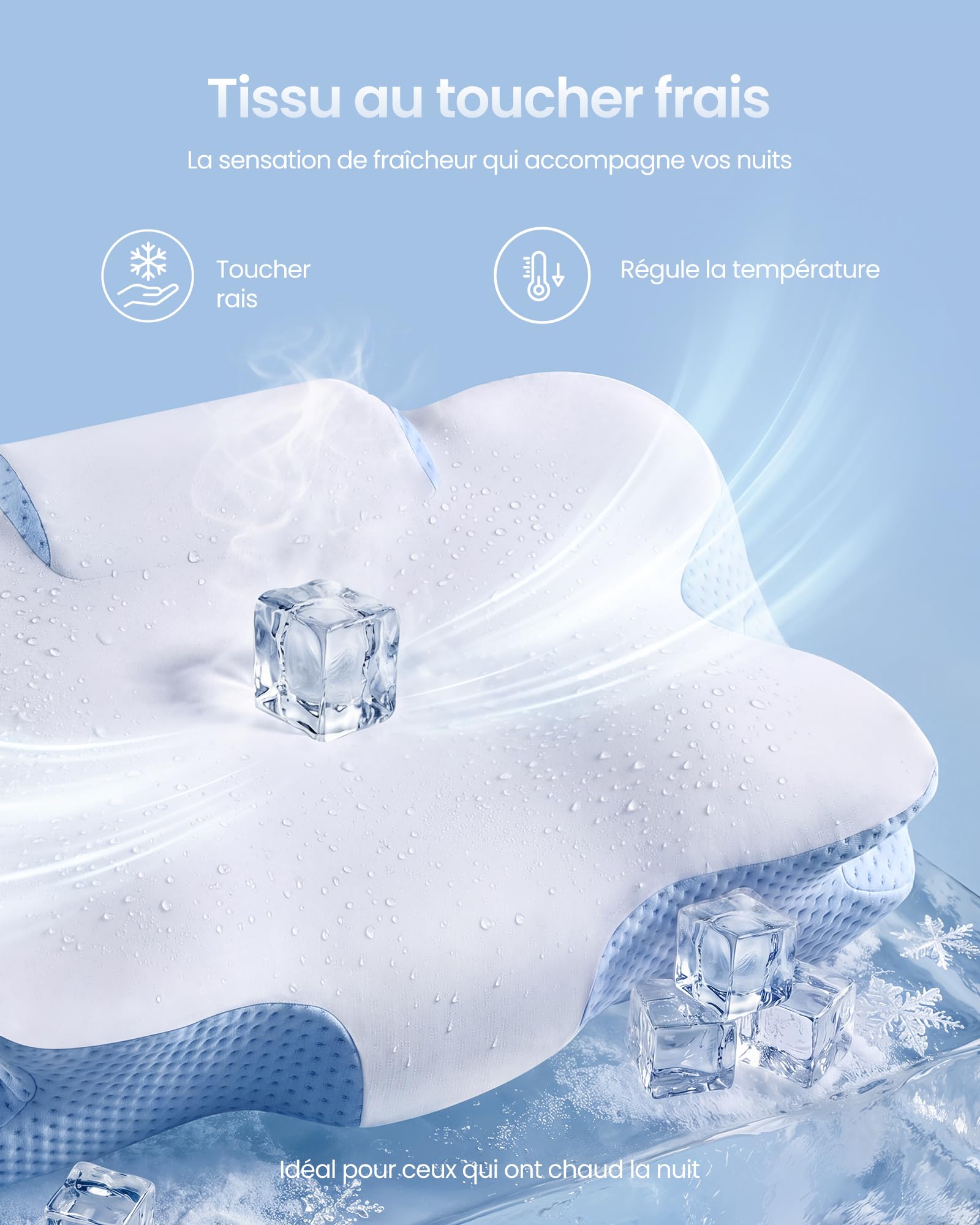 SONGMICS Oreiller Ergonomique, Hauteur Ajustable, Coussin en Mousse à Mémoire de Forme, pour Dormeurs sur Le Côté, Le Dos et Le Ventre, Toucher Frais, Blanc Nuage et Bleu TBP051Q101