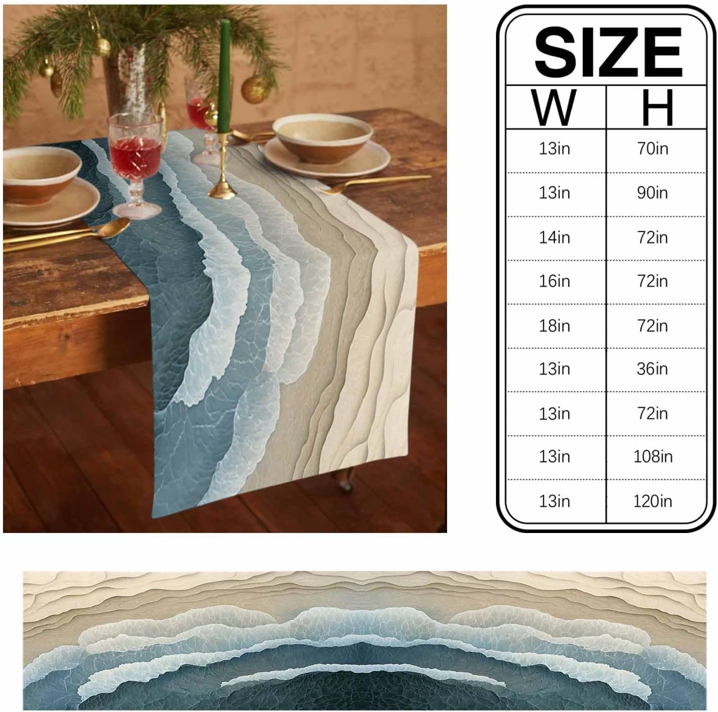 Table Runner Abstract Blue Wave Beach Table Decoration for Kitchen Ocean Modern Art Table Decoration for Indoor Outdoor Home Holiday Party Decor 13x108 inch