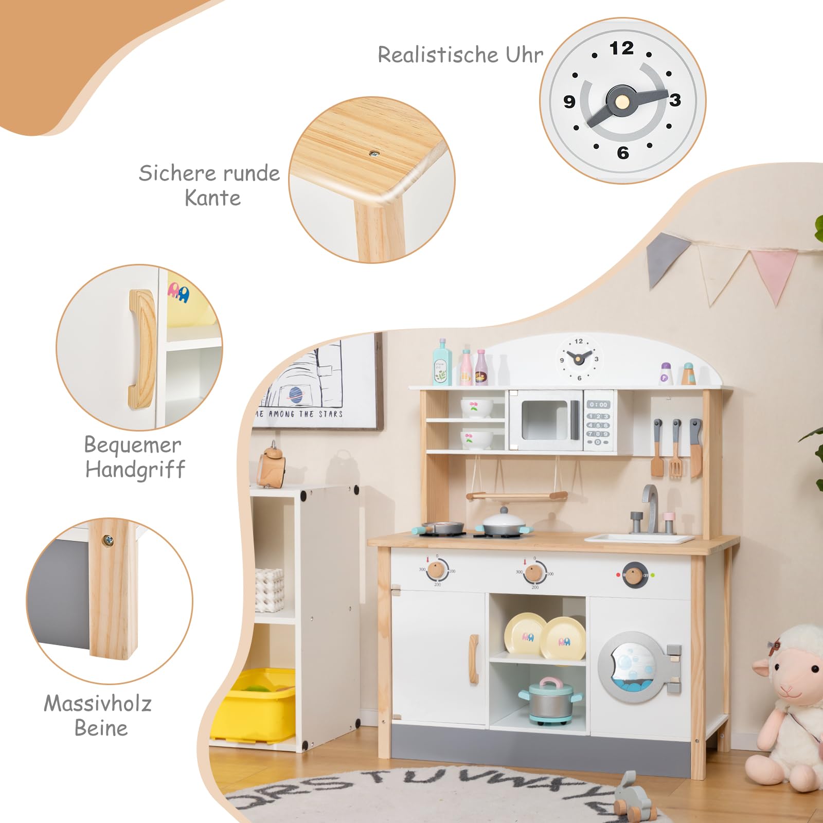 GOPLUS Kinderküche mit Spielzubehör, Spielküche mit Backofen, Mikrowellen, Wasserbecken & Waschmaschine, Stabiler Spielzeugküche mit offener Fächer und Schränke, für Kinder ab 3 Jahren