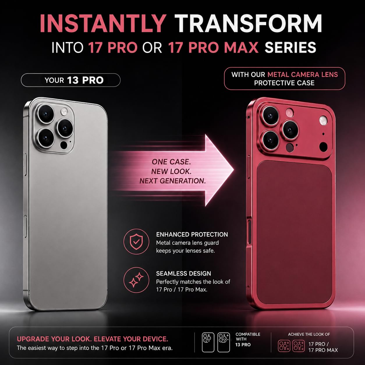 Metal Conversion Kit for i Phone 13 Pro Max to i Phone 18 Pro Max Look | Aluminum Back Plate with Metal Camera Frame | Shockproof Back Housing Replacement | Wine — Amazon image 3