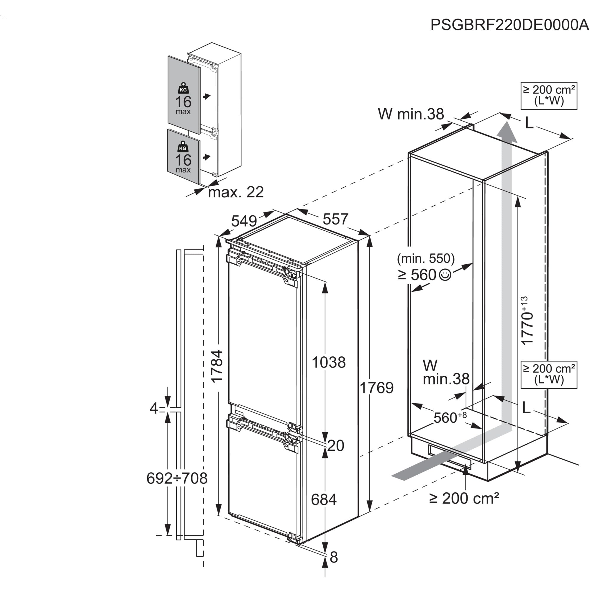 AEG Einbau-Kühl-Gefrier-Kombination 178cm, Serie 5000 ColdSense: schnelle Temperatur-Wiederherstellung, Kühlen 189L, Gefrieren 73L, LowFrost, LED-Display, Schnell-Gefrieren, Festtür, TSC5S183DF